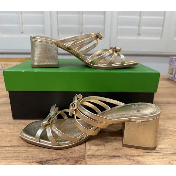 Kate Spade Carolina Block Heel Sandal Metallic Nappa Pale Gold 6.5 Lightly Worn - Picture 11 of 16